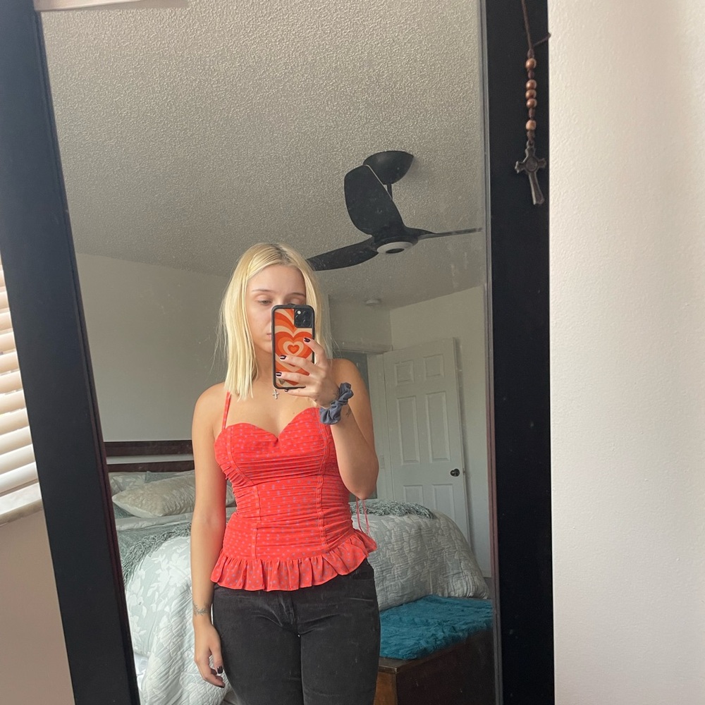 Vintage orange bustier type top with blue polka dots